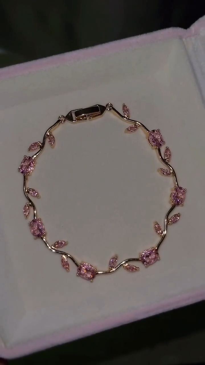 Pink Blossom Crystal Bracelet in Gold Finish