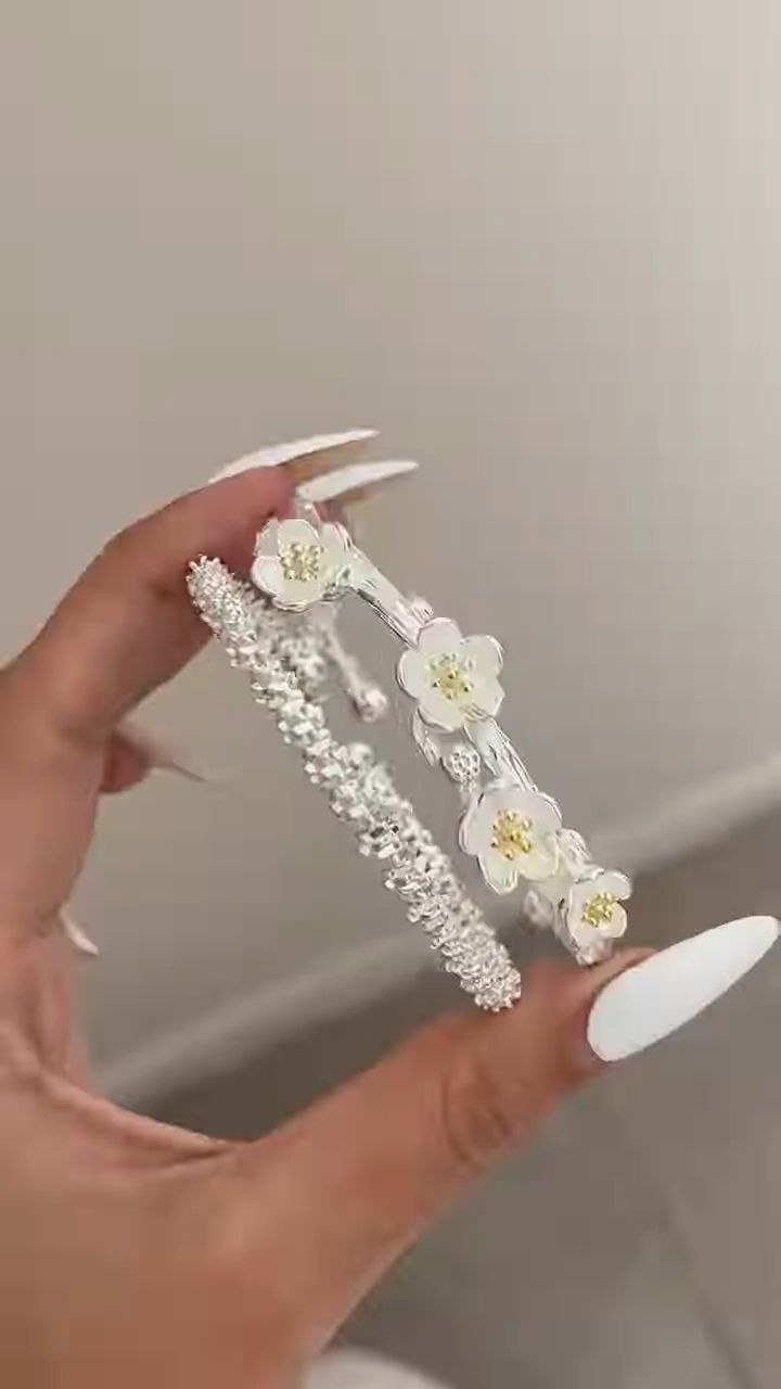 Floral Crystal Silver Open Cuff Bracelet