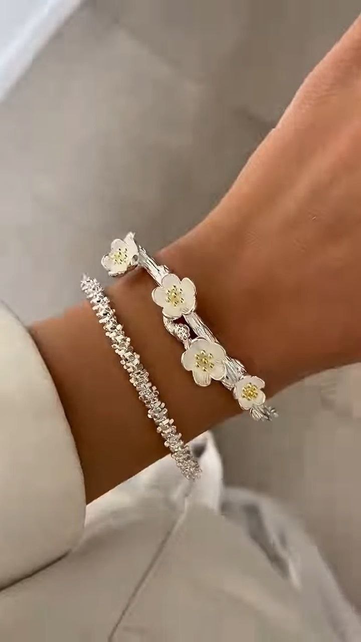 Floral Crystal Silver Open Cuff Bracelet