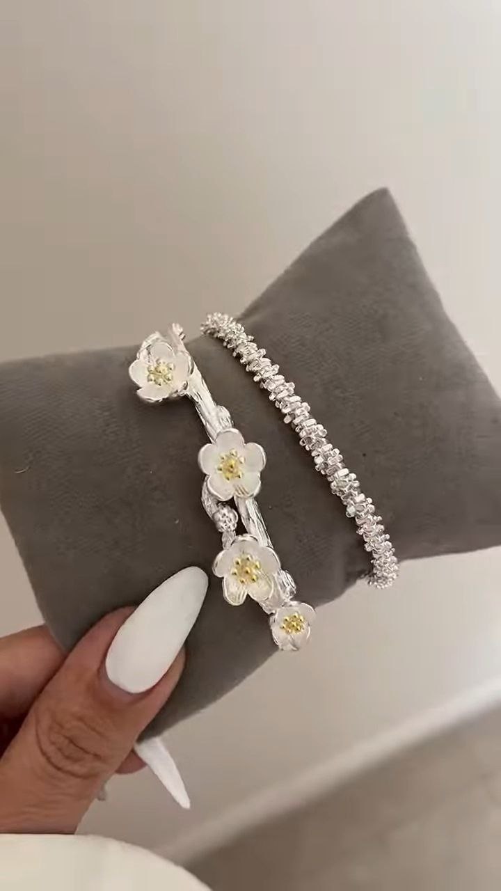Floral Crystal Silver Open Cuff Bracelet