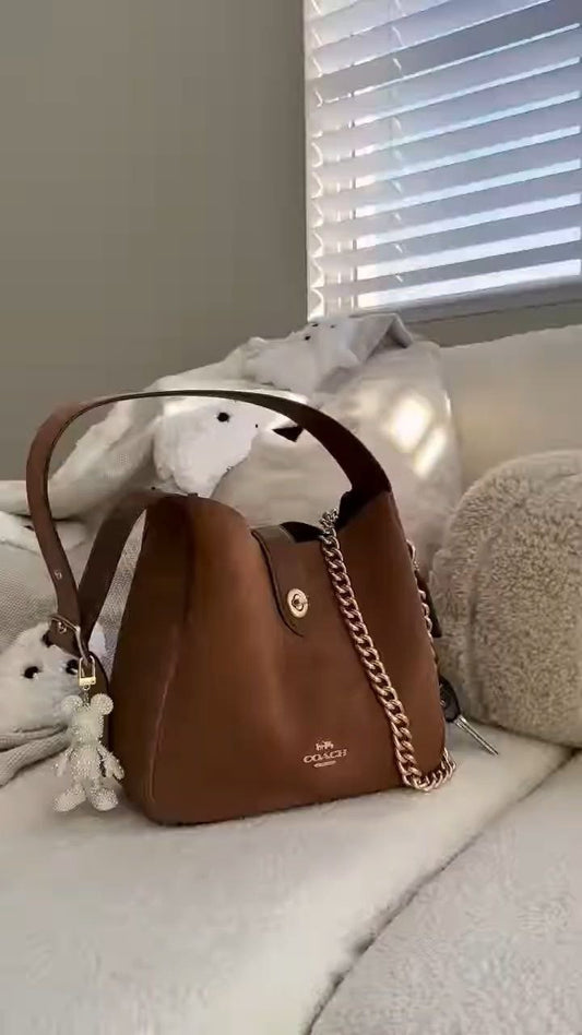 Classic Brown Leather Chain-Handle Bucket Bag