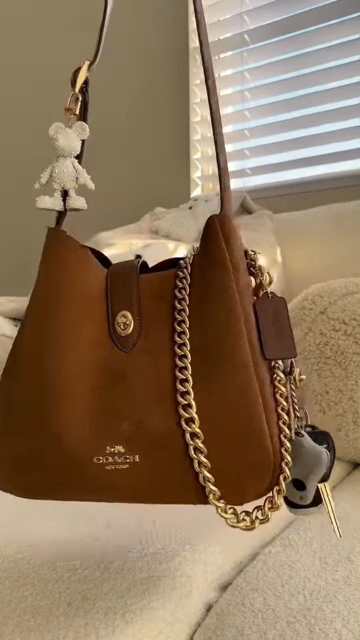 Classic Brown Leather Chain-Handle Bucket Bag