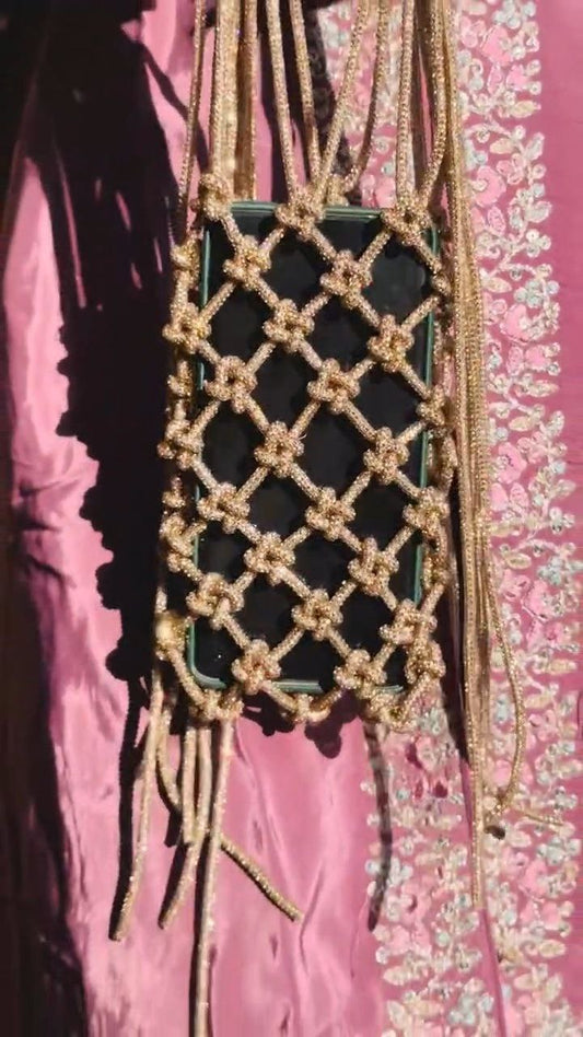 Gold Beaded Phone Sling Pouch with Knotted Net Design