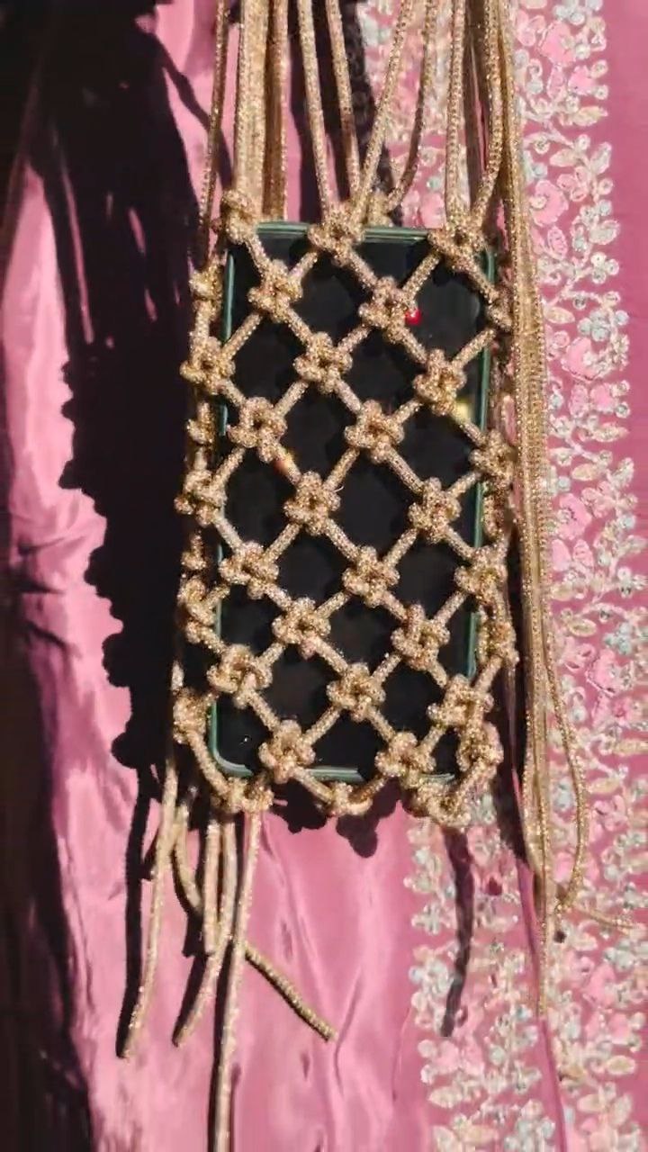 Gold Beaded Phone Sling Pouch with Knotted Net Design