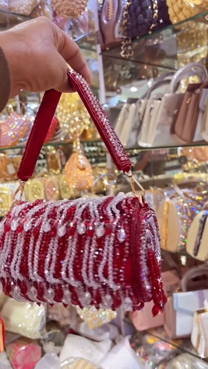 Red and Crystal Beaded Party Clutch with Top Handle