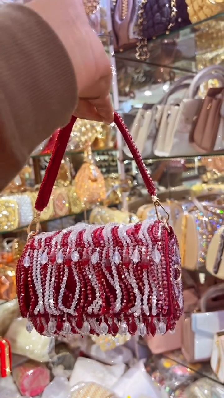 Red and Crystal Beaded Party Clutch with Top Handle