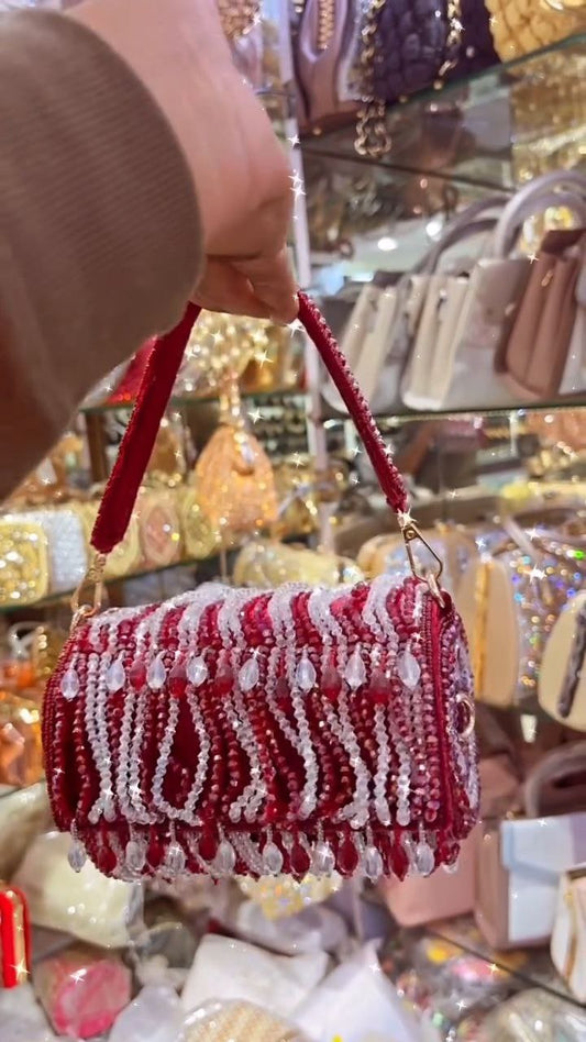Red and Crystal Beaded Party Clutch with Top Handle