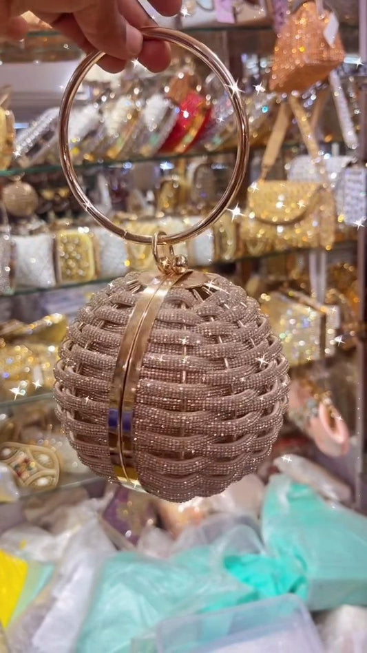 Round Beaded Crystal Clutch with Metal Ring Handle