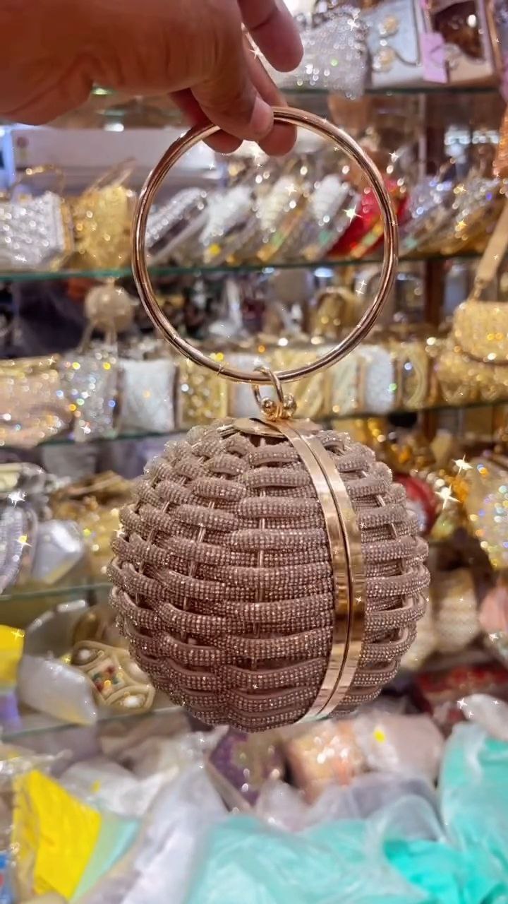 Round Beaded Crystal Clutch with Metal Ring Handle