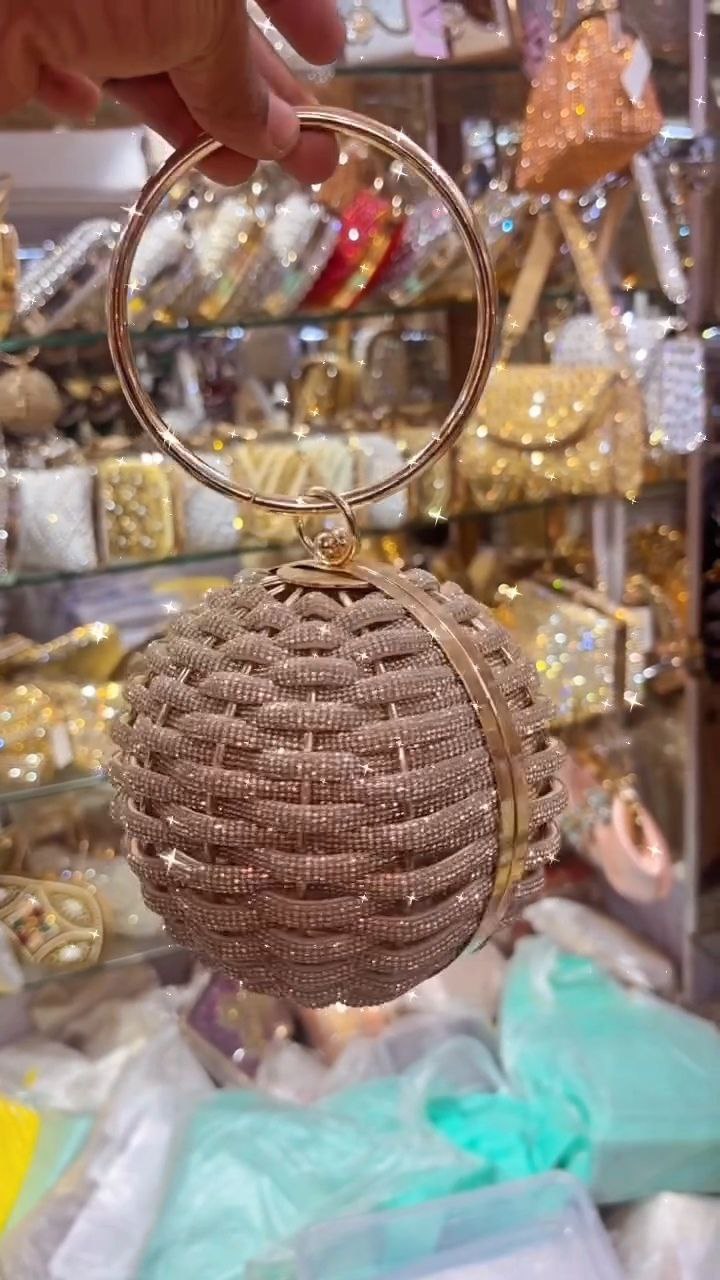 Round Beaded Crystal Clutch with Metal Ring Handle