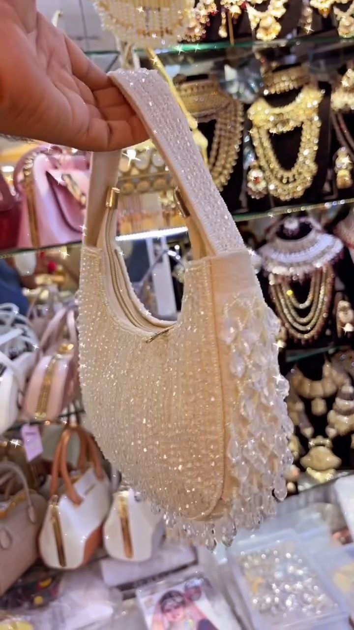 Ivory Beaded Shoulder Bag with Crystal Fringe