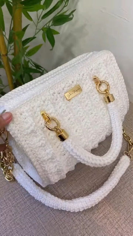 Handcrafted Crochet White Shoulder Bag with Gold Hardware
