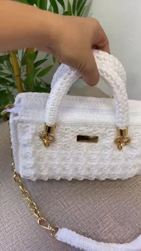 Handcrafted Crochet White Shoulder Bag with Gold Hardware