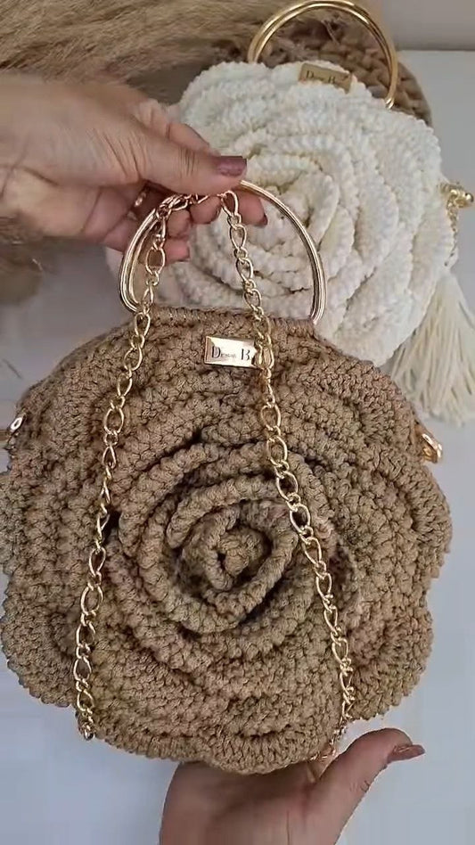 Handcrafted Crochet Rose Top-Handle Bag with Chain Strap