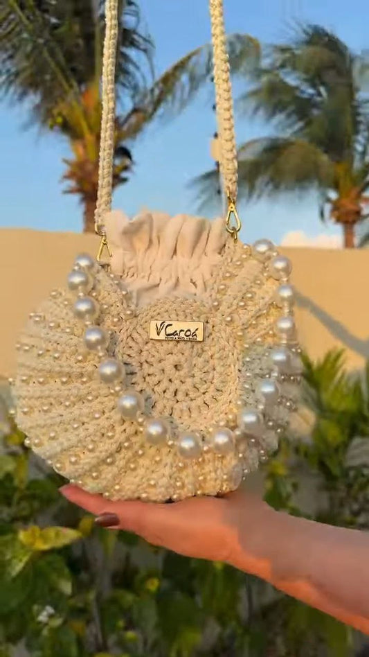 Handcrafted Crochet Pearl Bucket Bag with Drawstring
