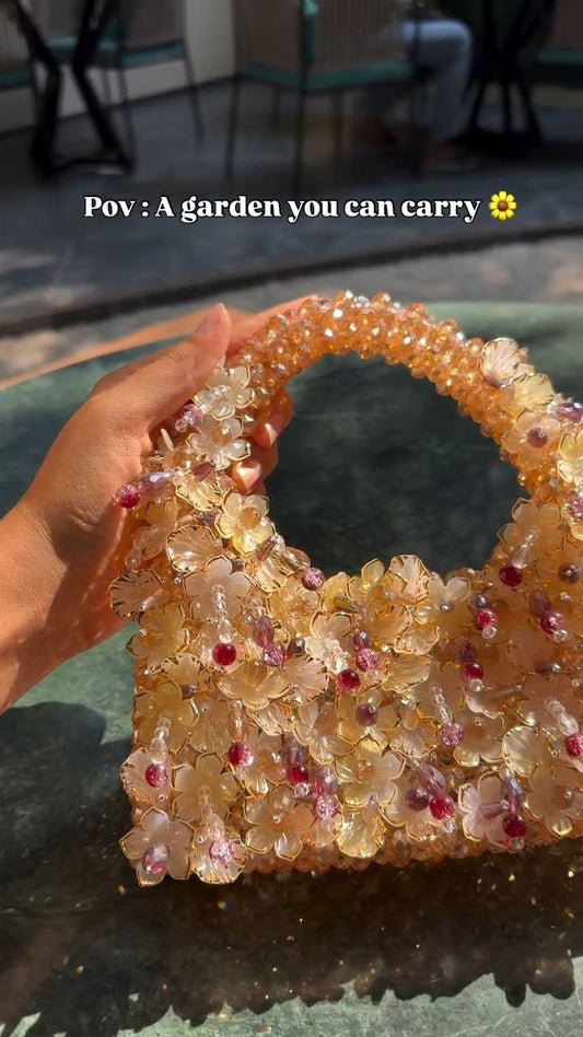 Floral Beaded Mini Handbag with Top Handle