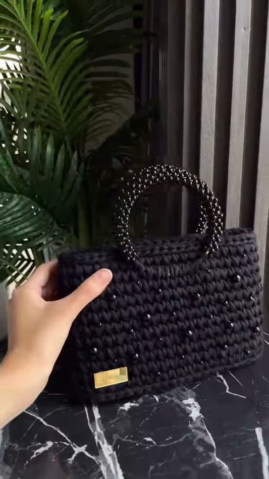 Handwoven Black Beaded Tote Bag with Top Handles