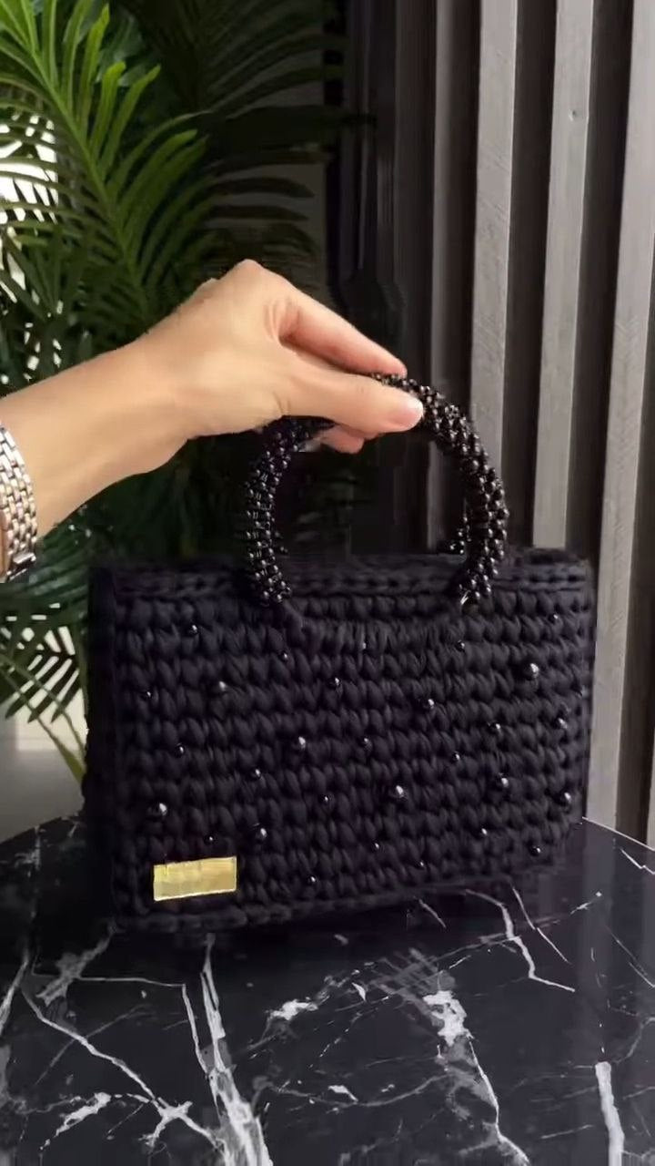 Handwoven Black Beaded Tote Bag with Top Handles
