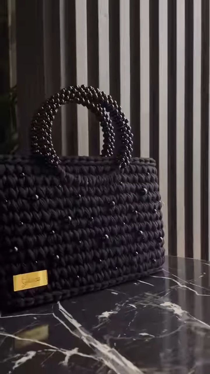 Handwoven Black Beaded Tote Bag with Top Handles