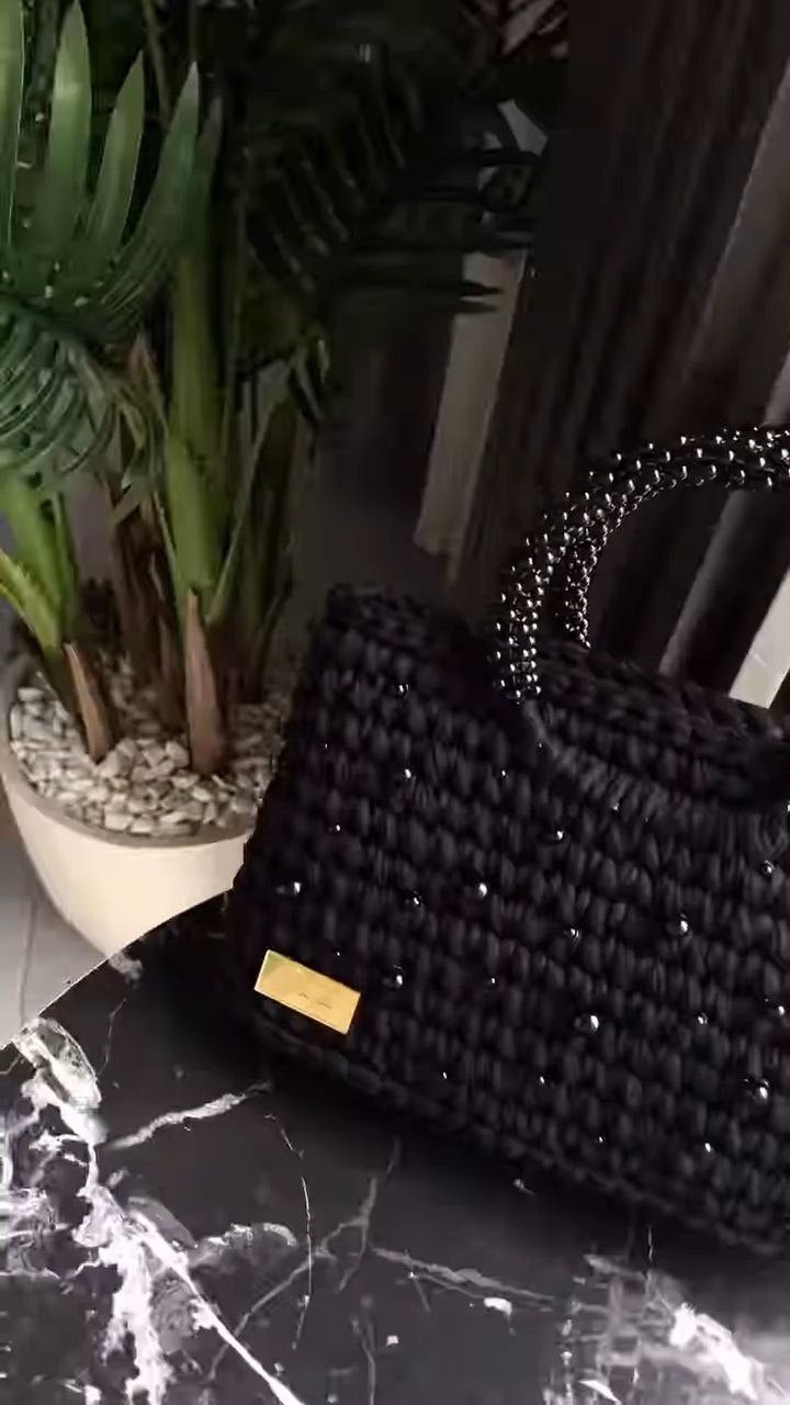 Handwoven Black Beaded Tote Bag with Top Handles