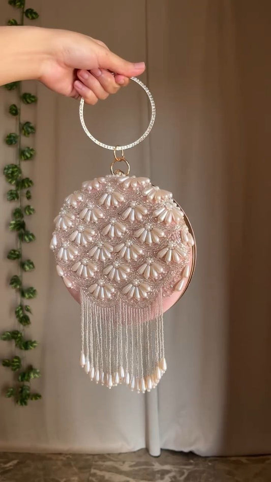 Pearl Embellished Circular Clutch Bag