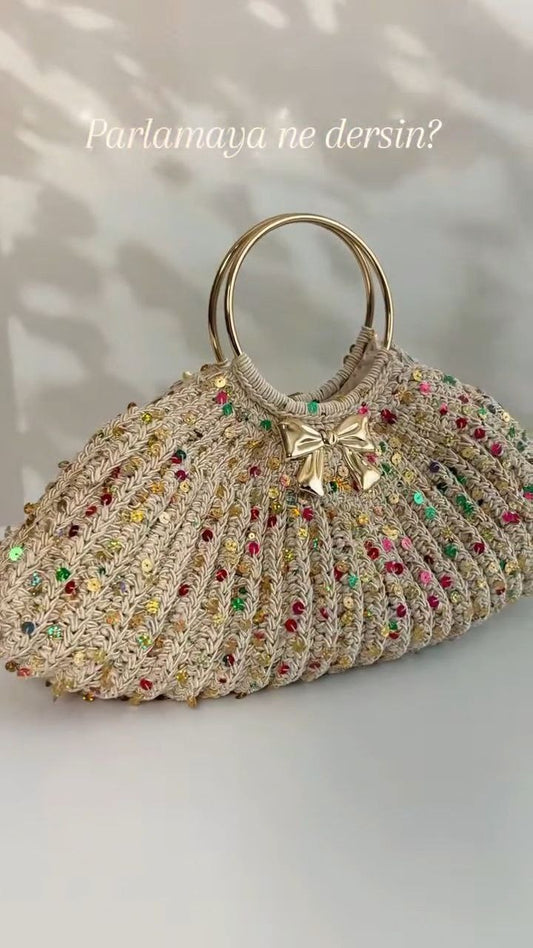 Handwoven Embellished Clutch with Gold Bow Accent