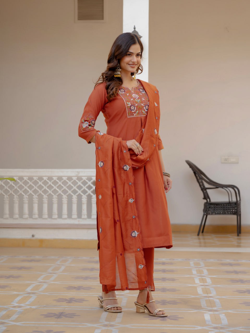 Pure Viscose Mango Silk Embroidered Kurta Set