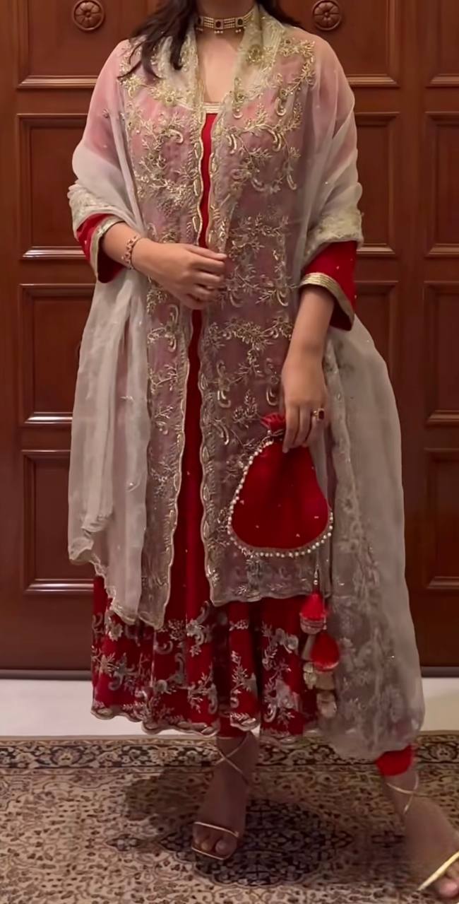Red Embroidered Anarkali Suit with Organza Dupatta