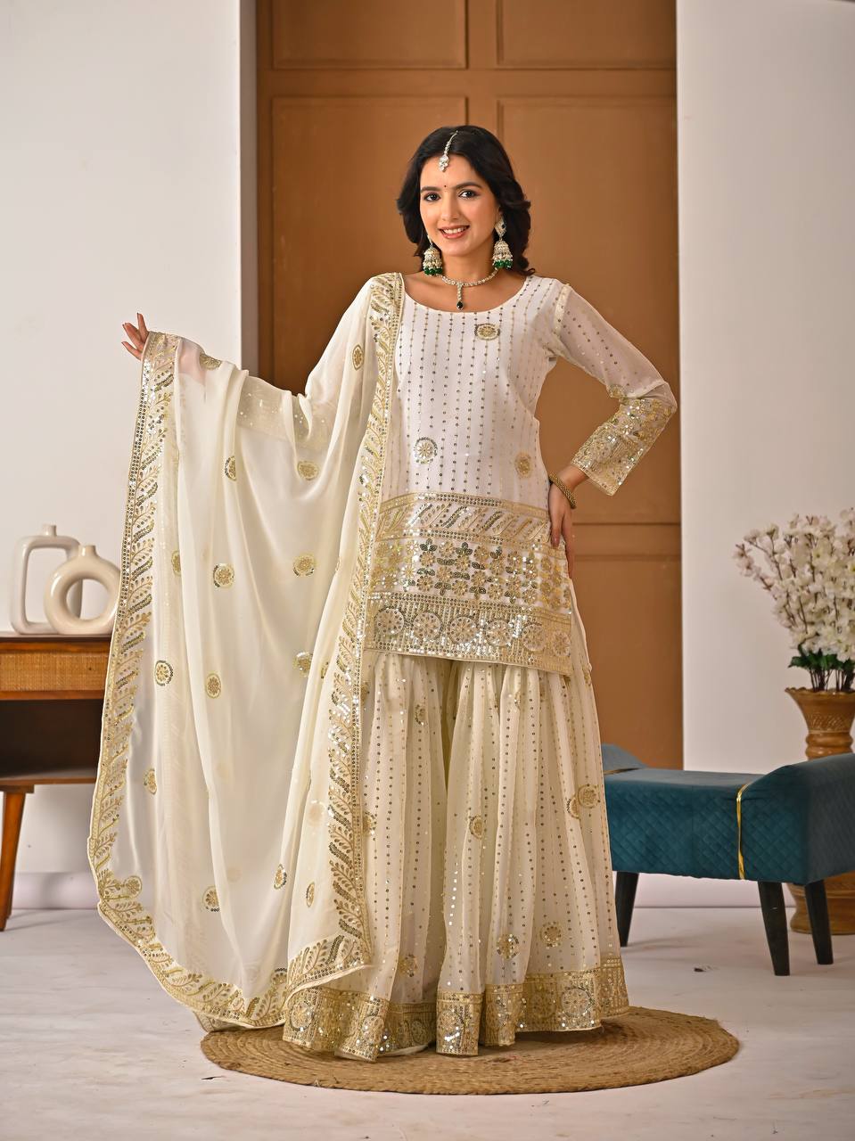 Ivory Embroidered Kurta with Flared Sharara and Dupatta Set