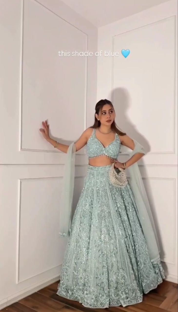 Sky Blue Sequins and Resham Embroidered Net Lehenga Choli Set
