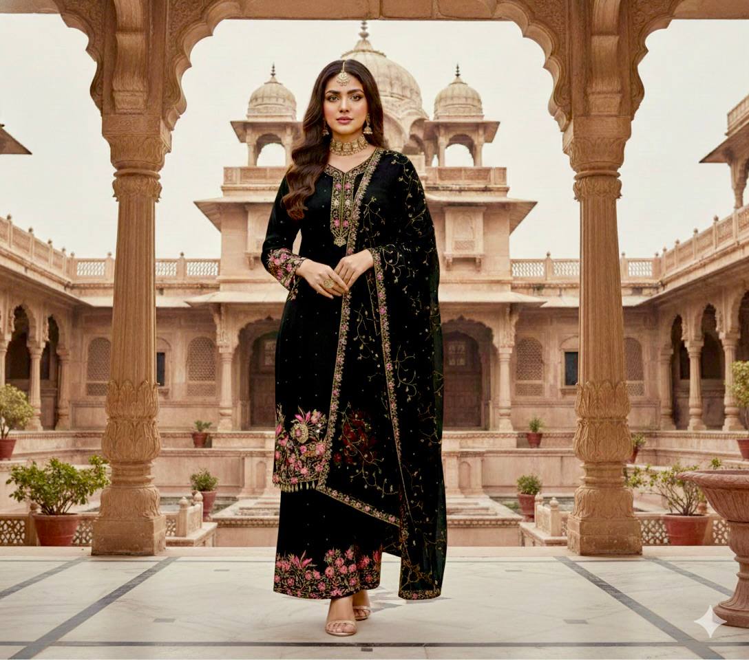 Black Faux Georgette Heavy Embroidered Pakistani Salwar Kameez Suit Set