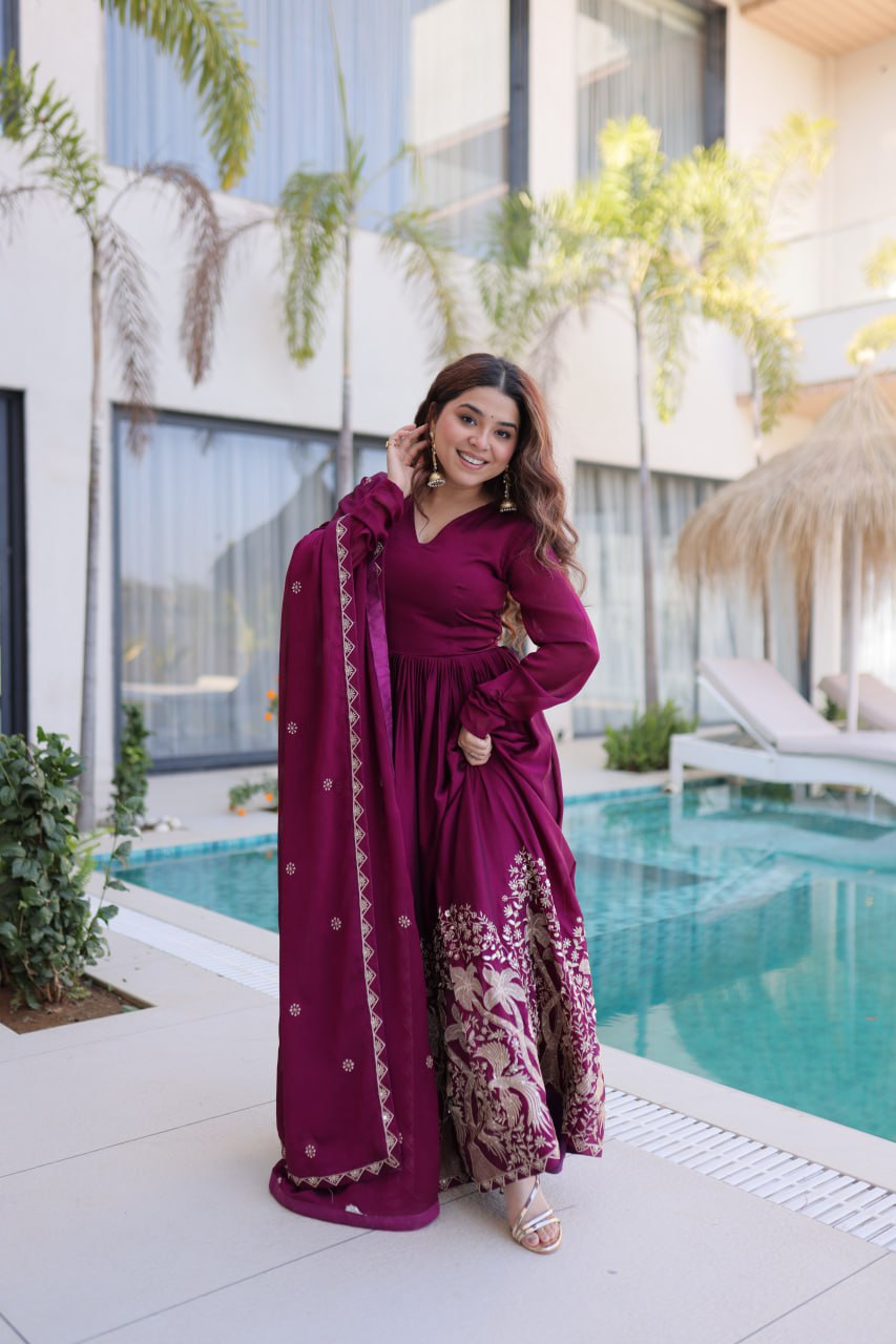 Wine Purple Embroidered Anarkali Gown with Dupatta