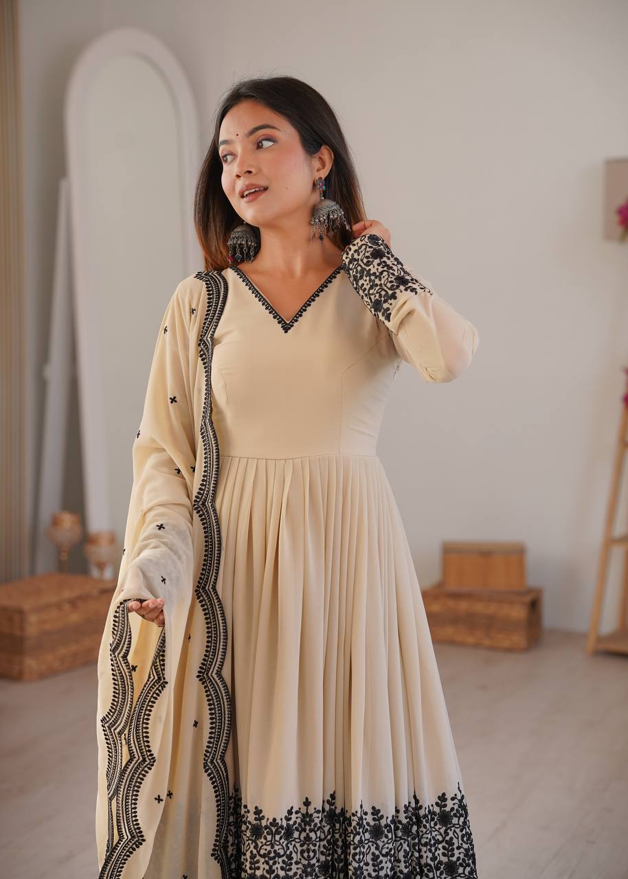 Beige Embroidered Anarkali Suit with Designer Dupatta