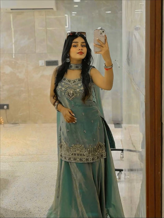 Elegant Teal Embroidered Traditional Suit Set