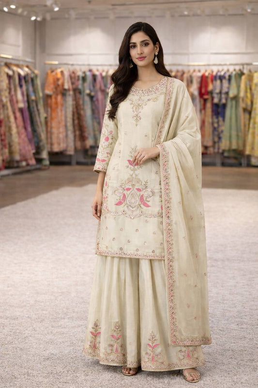 Ivory Embroidered Kurta Set with Sharara and Dupatta