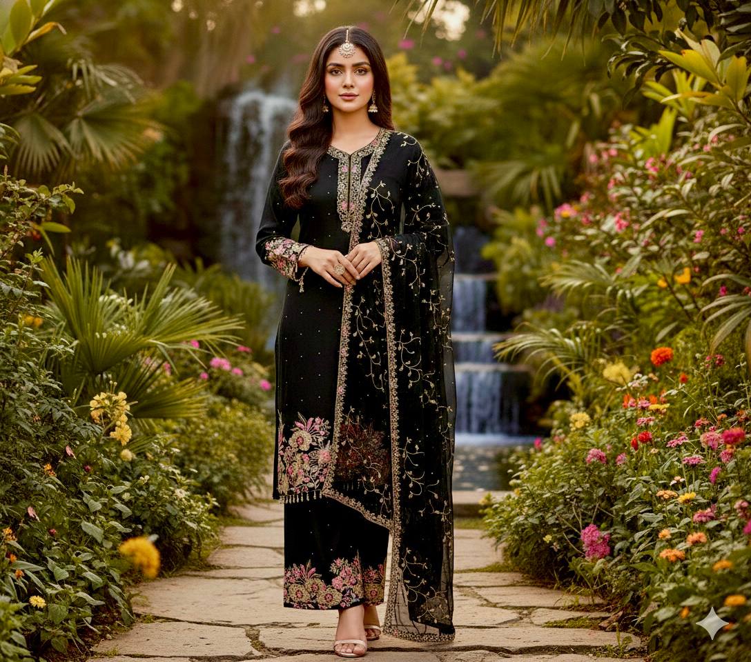Black Faux Georgette Heavy Embroidered Pakistani Salwar Kameez Suit Set