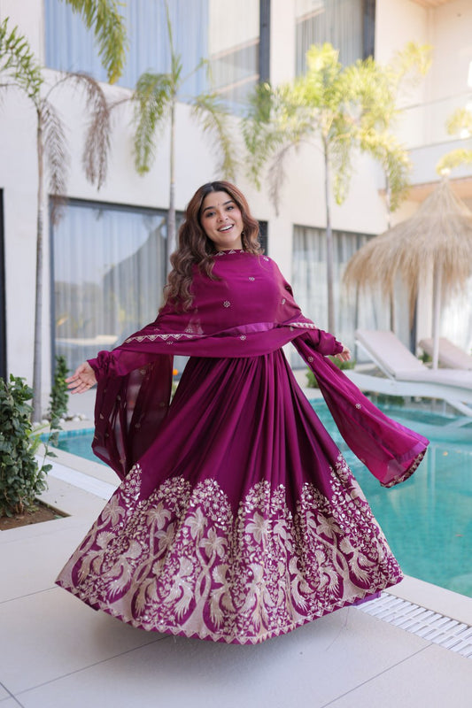 Wine Purple Embroidered Anarkali Gown with Dupatta