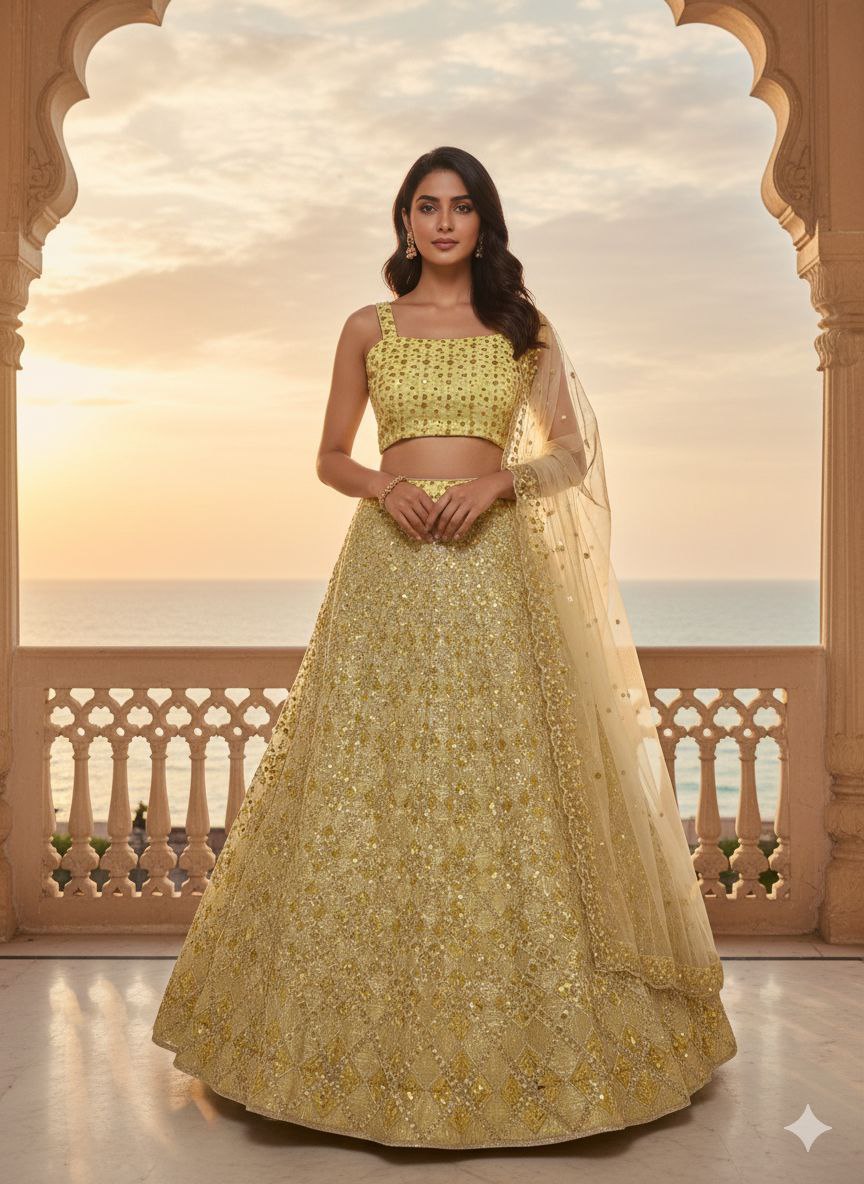 Sunshine Yellow Butterfly Net Embroidered Lehenga Choli Set