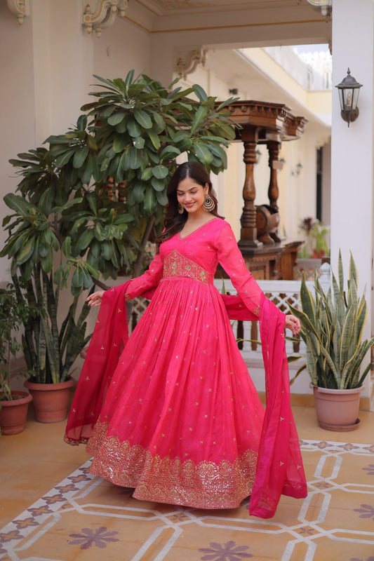 Rani Pink Embroidered Anarkali Gown for Festive & Wedding Wear