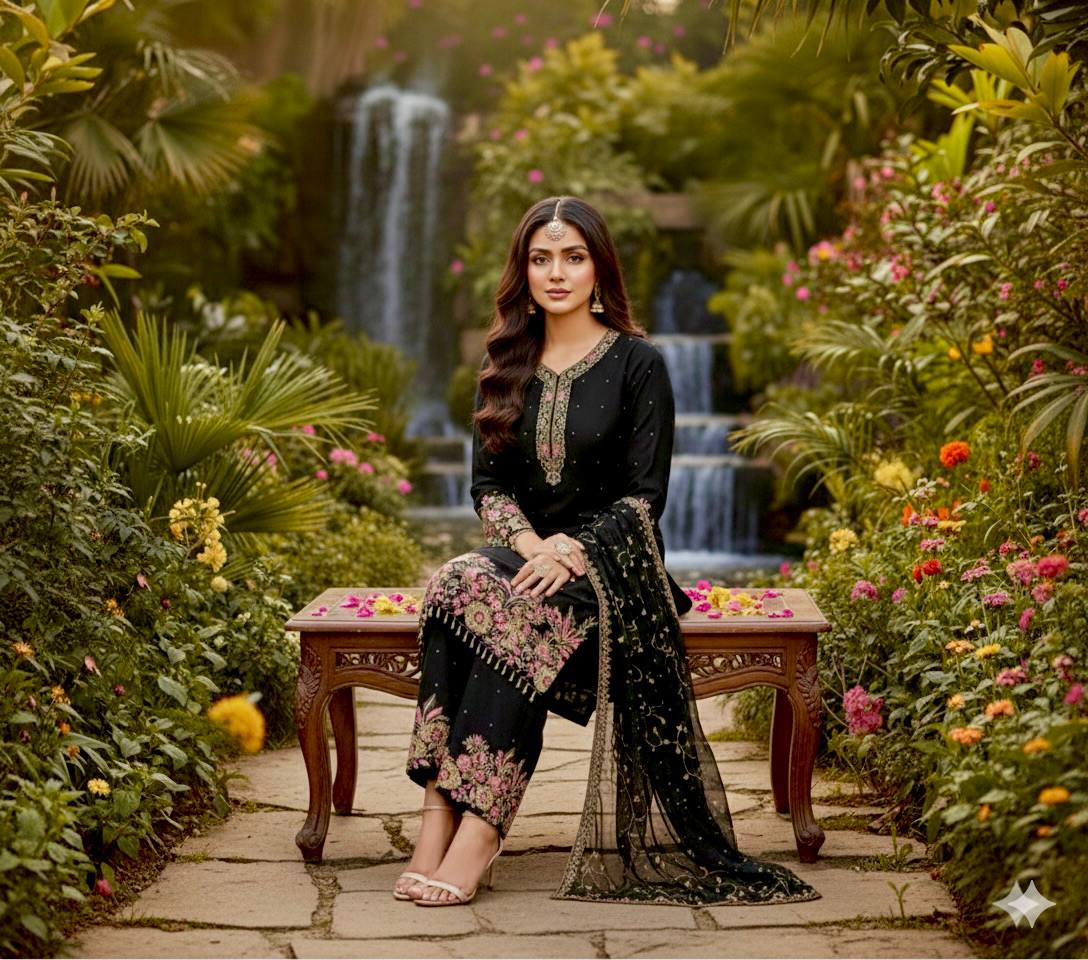 Black Faux Georgette Heavy Embroidered Pakistani Salwar Kameez Suit Set