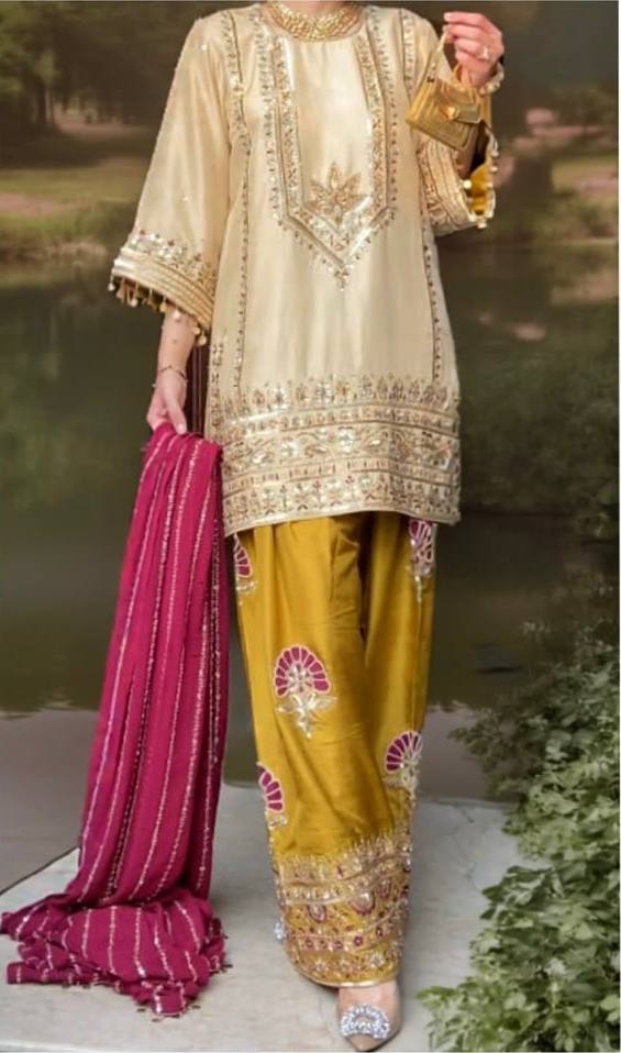 Hand Embroidered Kurta Set with Farshi Palazzo and Dupatta