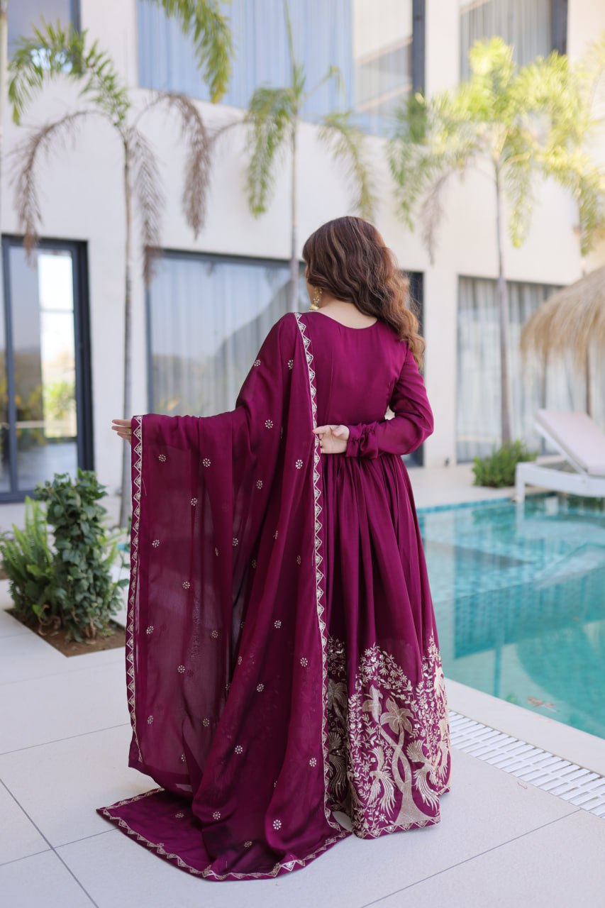 Wine Purple Embroidered Anarkali Gown with Dupatta