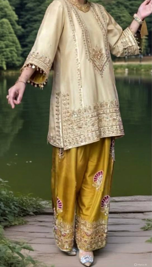 Hand Embroidered Kurta Set with Farshi Palazzo and Dupatta