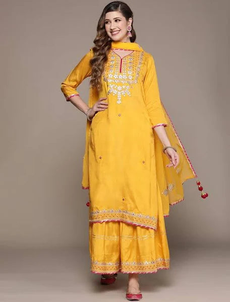Floral Embroidered Crop Top & Yellow Draped Dhoti Skirt Set
