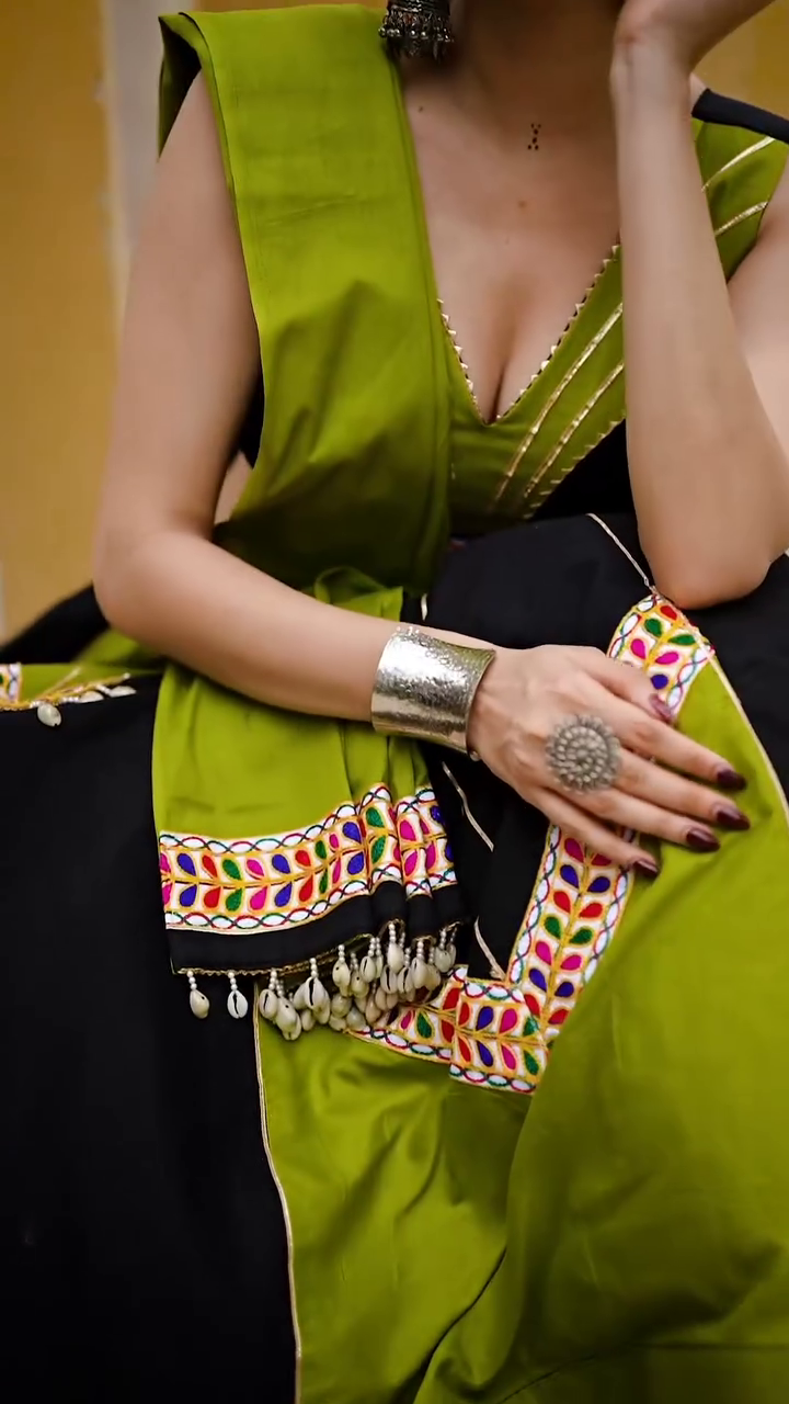 Black & Olive Green Gujarati Mirror Work Lehenga Choli with Tassel Detailing