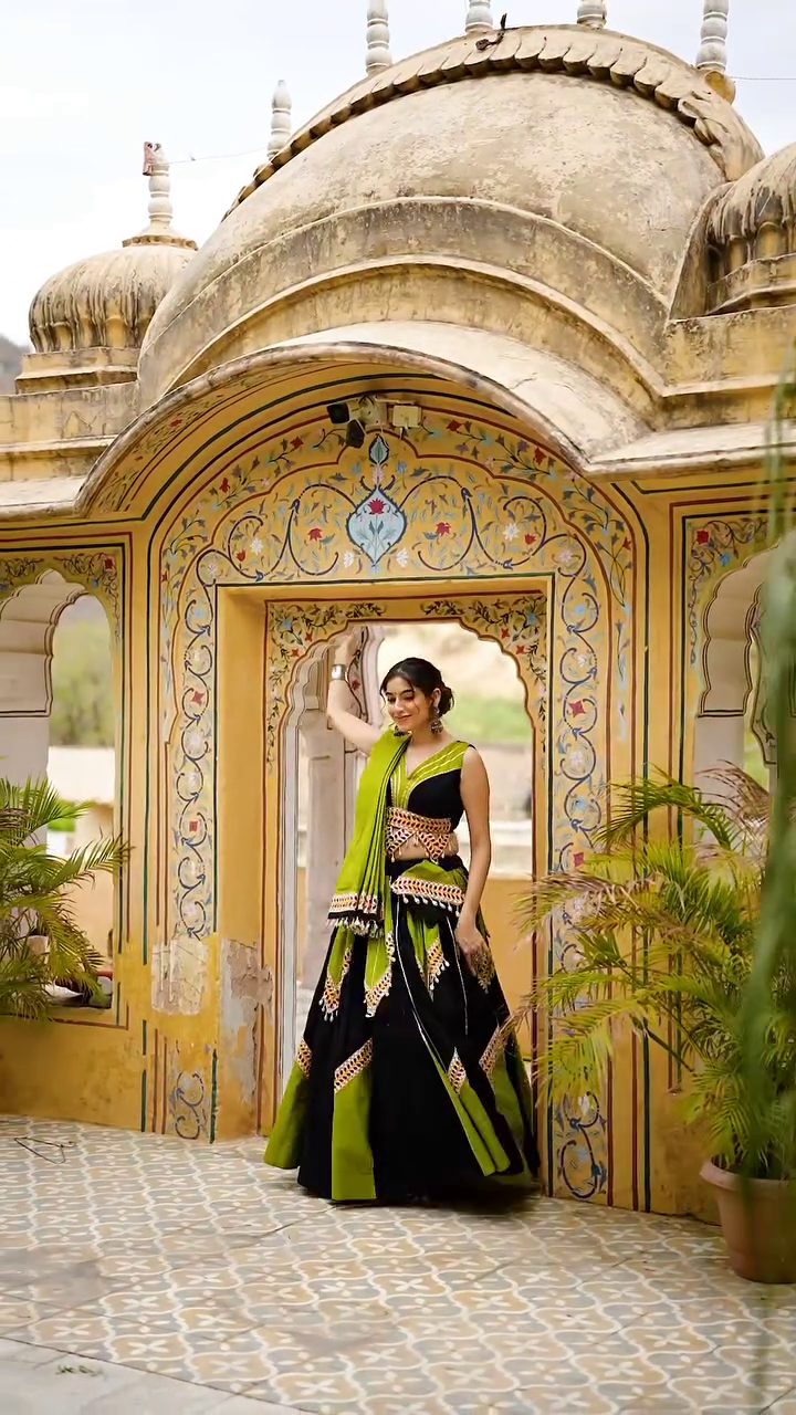 Black & Olive Green Gujarati Mirror Work Lehenga Choli with Tassel Detailing
