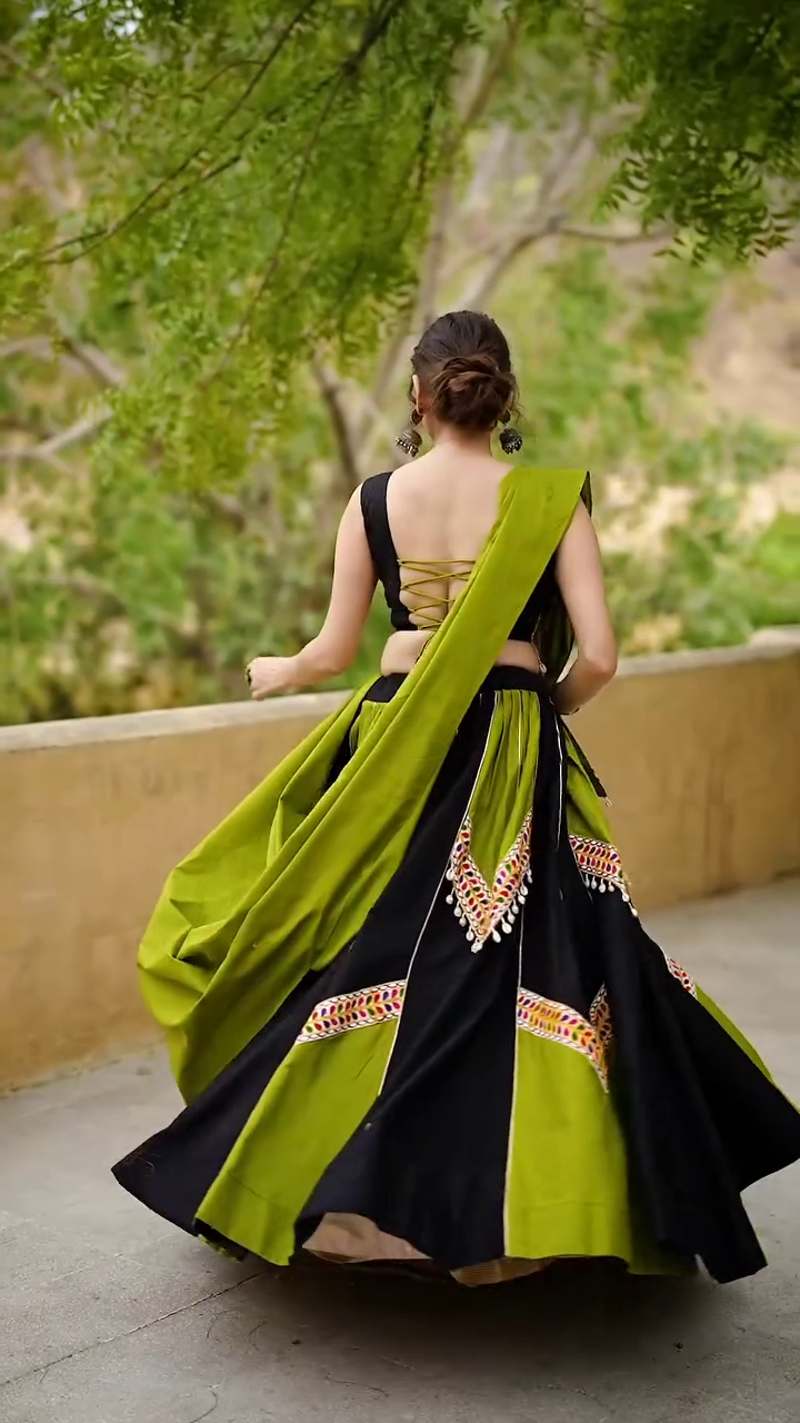 Black & Olive Green Gujarati Mirror Work Lehenga Choli with Tassel Detailing