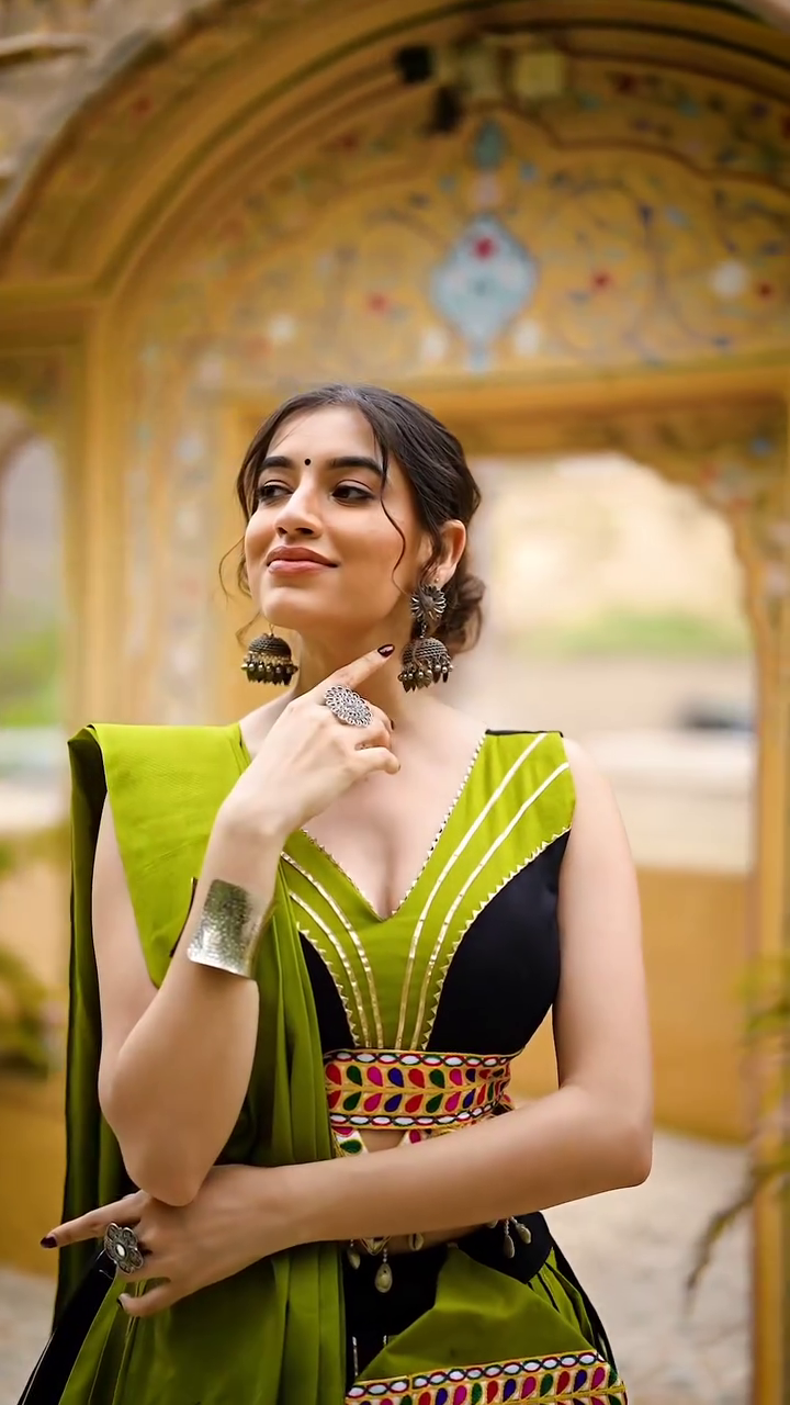 Black & Olive Green Gujarati Mirror Work Lehenga Choli with Tassel Detailing