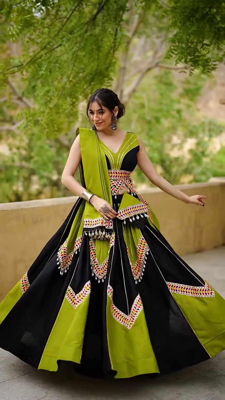 Black & Olive Green Gujarati Mirror Work Lehenga Choli with Tassel Detailing
