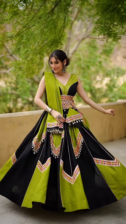 Black & Olive Green Gujarati Mirror Work Lehenga Choli with Tassel Detailing